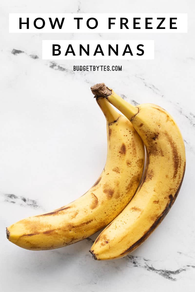 Two brown bananas on a marble surface with title text at the top