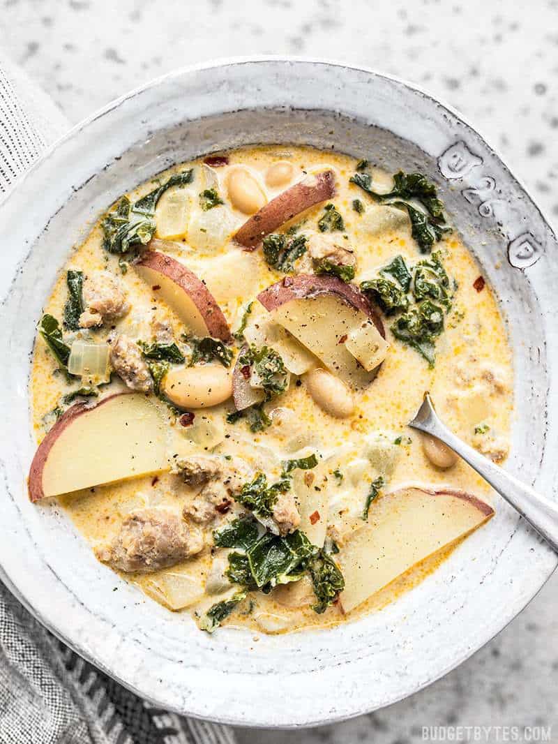 A big bowl of creamy and delicious homemade Zuppa Toscana.